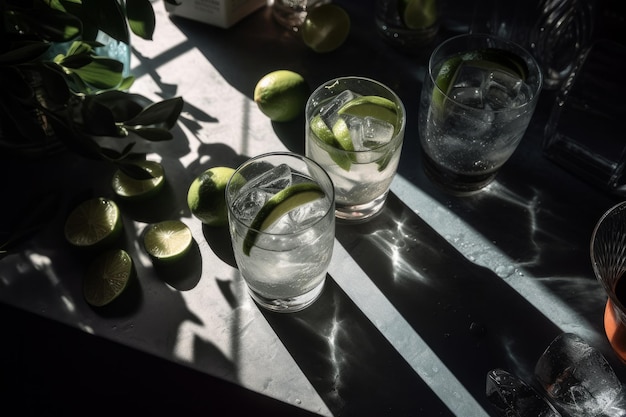 Overhead shot of a refreshing gin and tonic drink with sunlight and shadows Generative ai