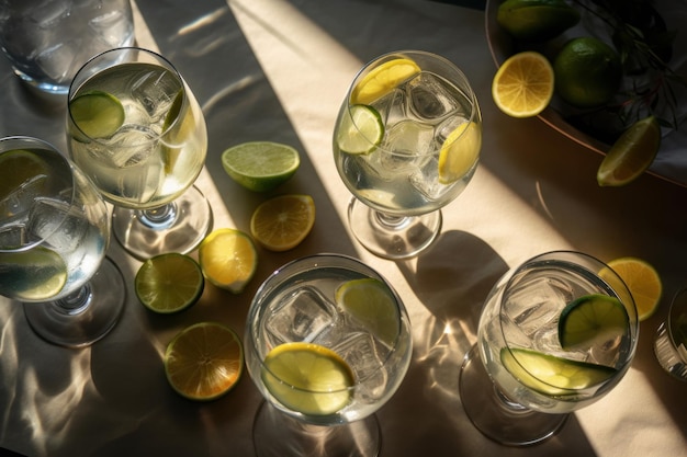Overhead shot of a refreshing gin and tonic drink with sunlight and shadows generative ai