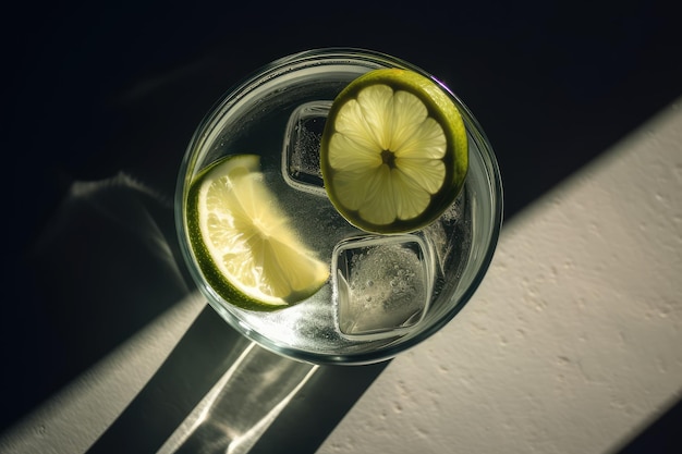 Overhead shot of a refreshing gin and tonic drink