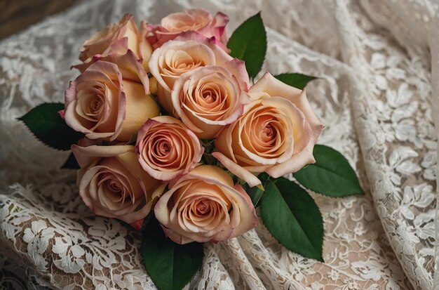 Photo overhead shot of a rose bouquet placed on a lace tablecloth for a wedding