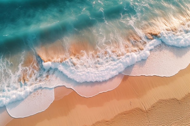 Overhead shot of sea waves with clean beach sand and sunlight background