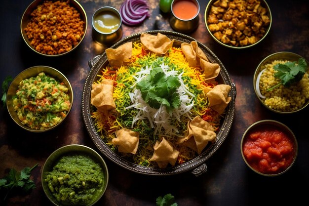 Photo overhead shot of a selection of chaat snacks including bhel puri and sev puri