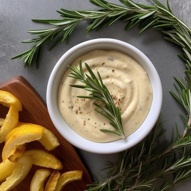 Overhead shot a small bowl with rosemary garlic aioli sauce