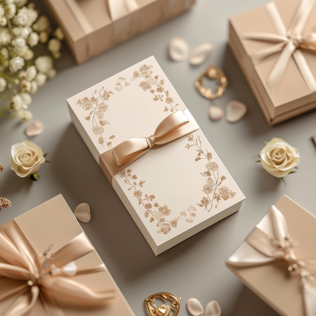 An overhead shot of a sophisticated wedding invitation ensemble featuring a floral embossed design and satin ribbon surrounded by matching gift boxes
