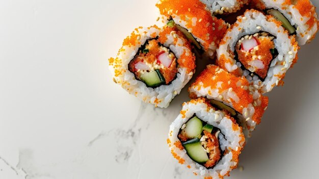 Наземный снимок Spicy Tuna Roll на минималистском белом фоне