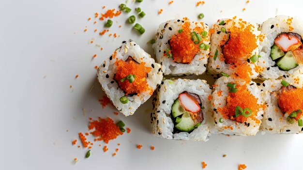 Наземный снимок Spicy Tuna Roll на минималистском белом фоне