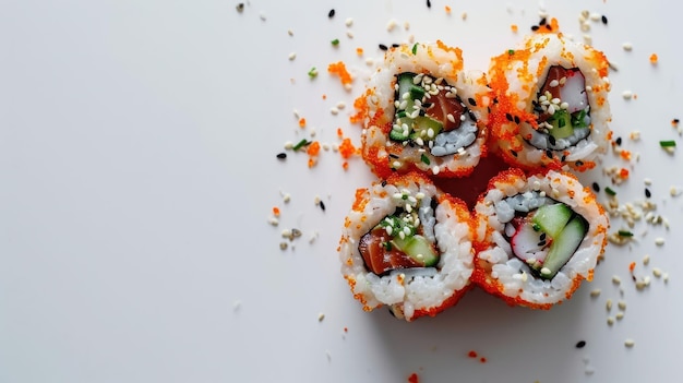 Overhead shot of a Spicy Tuna Roll on a minimalist white background