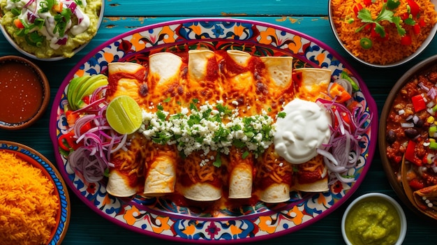 Overhead Shot Start with an overhead shot of a colorful spread of enchiladas arranged on a large serving platter filling the frame with the array of vibrant colors and textures