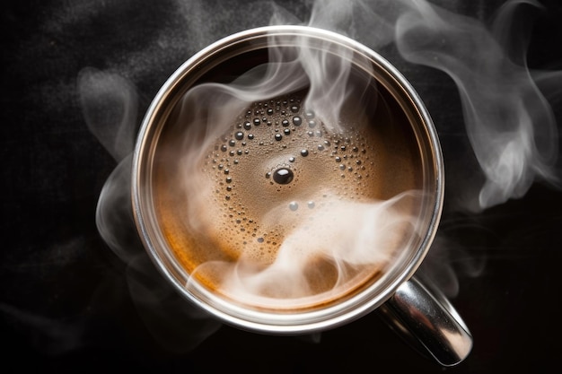 Photo overhead shot of steam rising from a hot cup of coffee