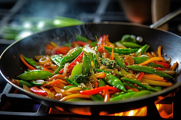 Overhead shot of stirfry vegetables being cooked on a gas stove