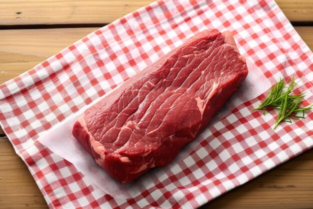 Overhead shot of a strip steak on a checks kitchen towel