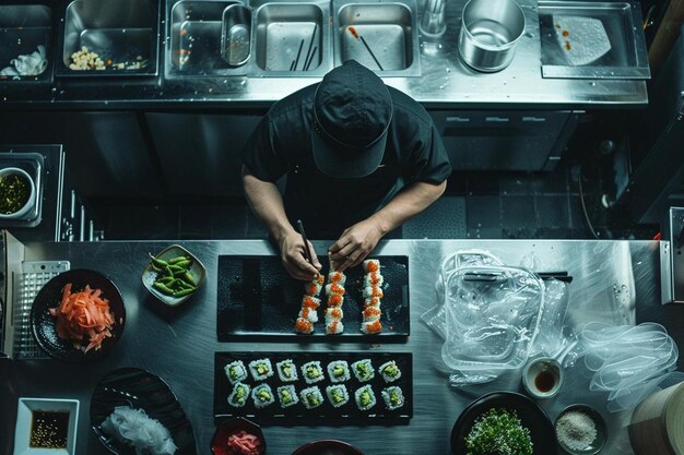 Overhead shot of a sushi chef creating sushi