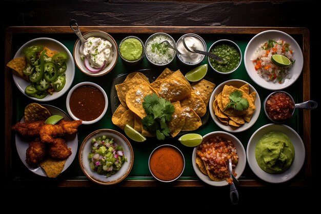 Photo overhead shot of a table set with a variety of mexican antojitos