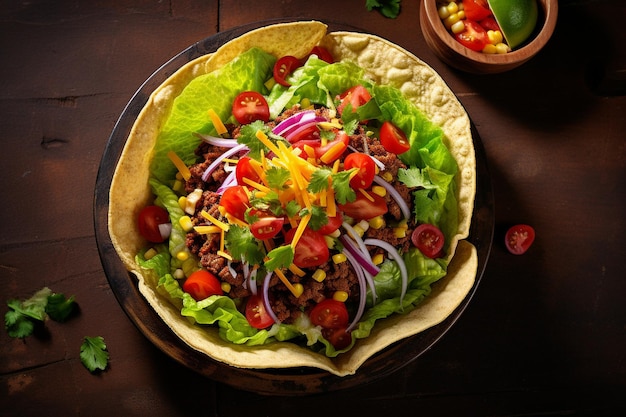 Overhead shot of a taco salad served in a crispy tortilla bowl