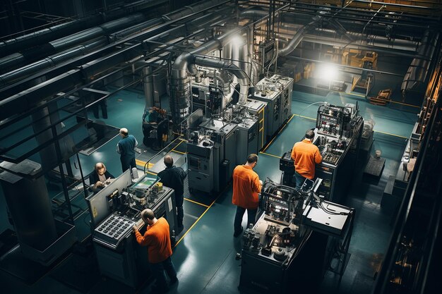 Photo overhead shot of technicians working in a data center with laptops