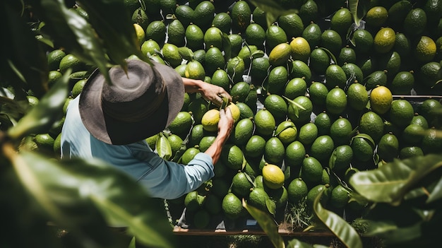 Сверху изображен процветающий сад авокадо при сборе урожая