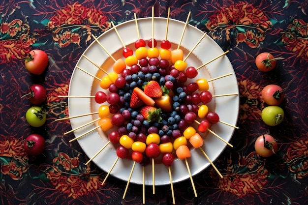 Photo overhead shot of toothpicks and a plate of colorful fruit skewers