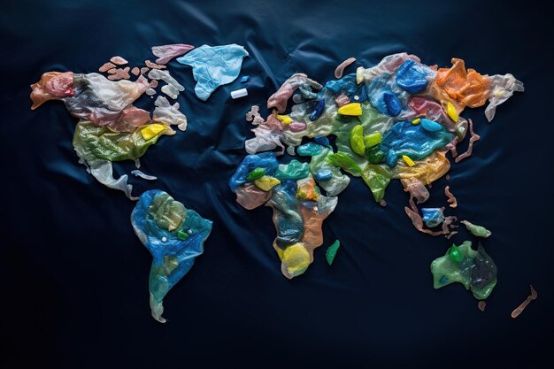 Photo overhead shot of trash forming a world map on a black background