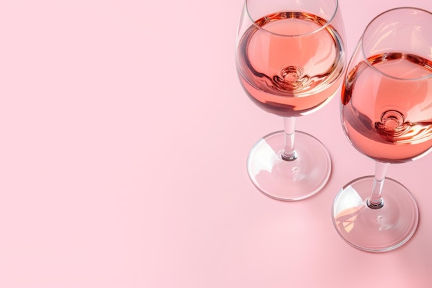 Photo overhead shot of two glasses of rose wine on a soft pink backdrop