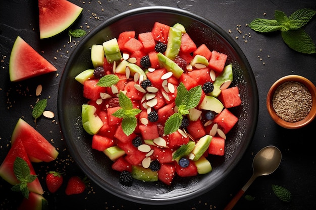 Foto overhead shot van een fruit salade gerangschikt in een watermeloen schaal