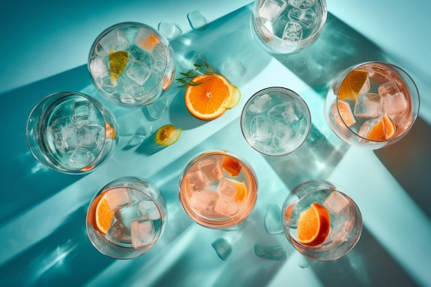 Overhead shot van een verfrissende gin-tonic drank met zonlicht en schaduwen Generatieve ai