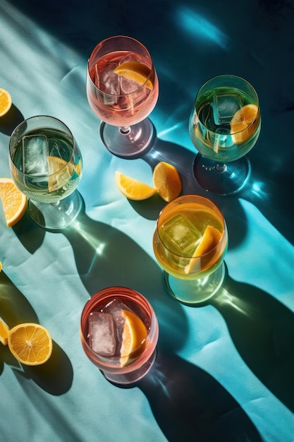 Overhead shot van een verfrissende gin-tonic drank met zonlicht en schaduwen Generatieve ai