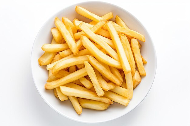 Foto overhead shot van friet geserveerd in een witte porselein schaal met een blauwe rand