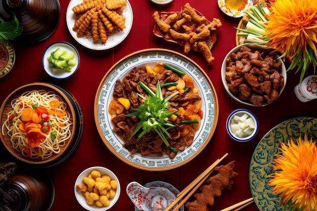 Photo overhead shot of a variety of chinese snacks including crispy duck tongues and spiced peanuts