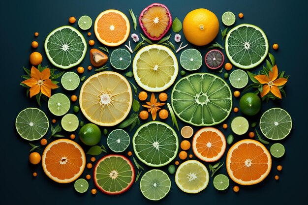 Photo overhead shot of a variety of citrus fruits cut into geometric shapes