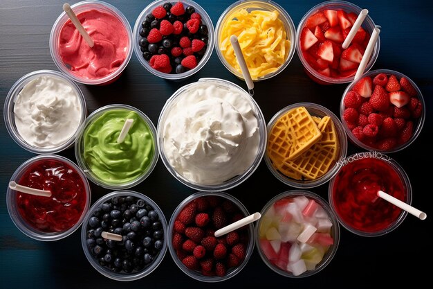 Photo overhead shot of a waffle bar with assorted toppings like whipped cream fruit and syrup