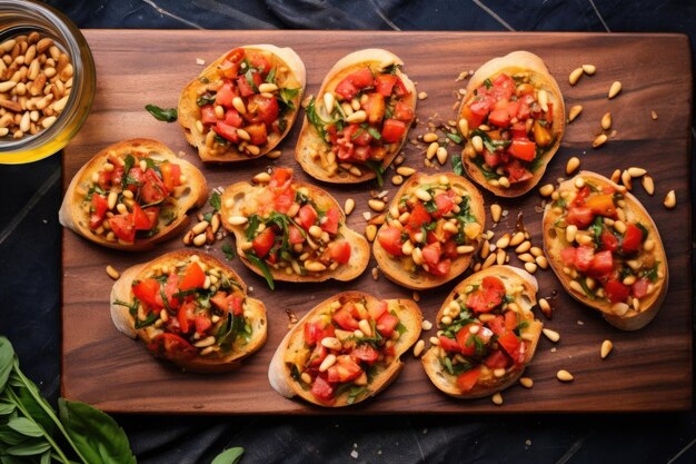 Overhead shot of whole bruschettas toasted and laden with pine nuts