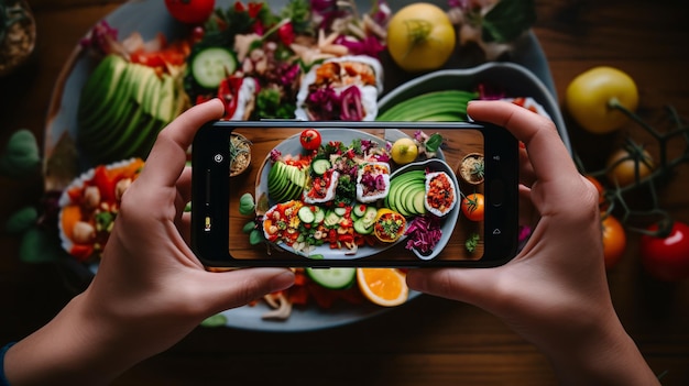 Photo overhead shot of woman capturing food with phone mobile food imagery for social platforms