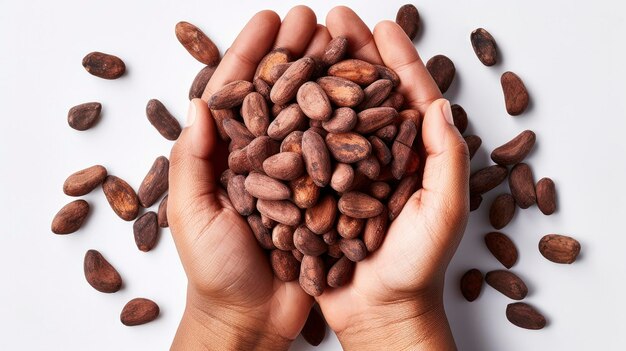 Overhead shot of womans hands holding cocoa beans isolated on white background