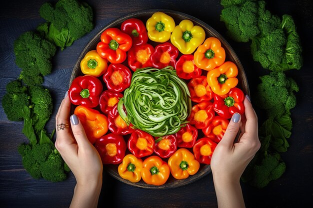 Foto una foto dall'alto di una donna che lancia gli ingredienti della salsa