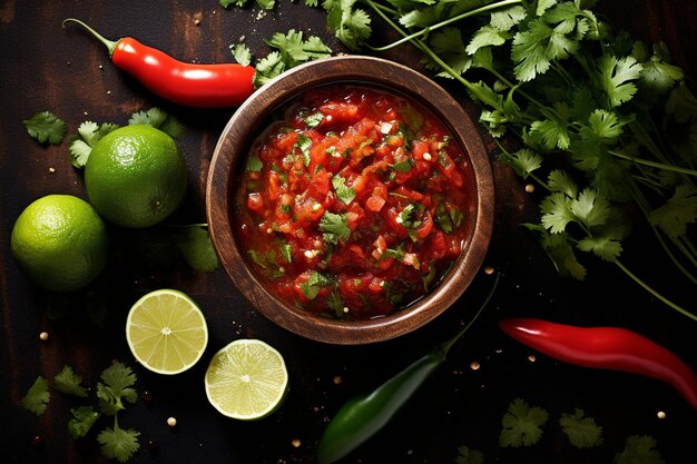 Photo overhead shot of a womans hands tossing salsa ingredients
