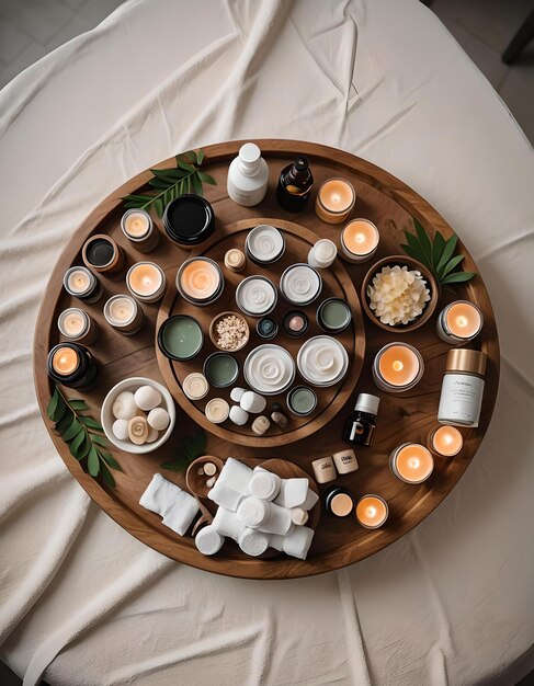 Overhead shot of a wooden spa tray with relaxation products candles and natural elements for a calming atmosphere