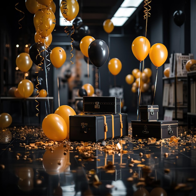 Photo overhead shot of yellow scene gift box ribbon sprinkle