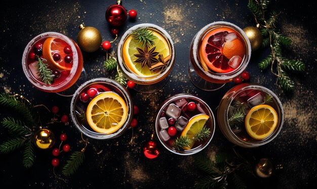 Photo overhead top down view of christmas cocktails on a bar