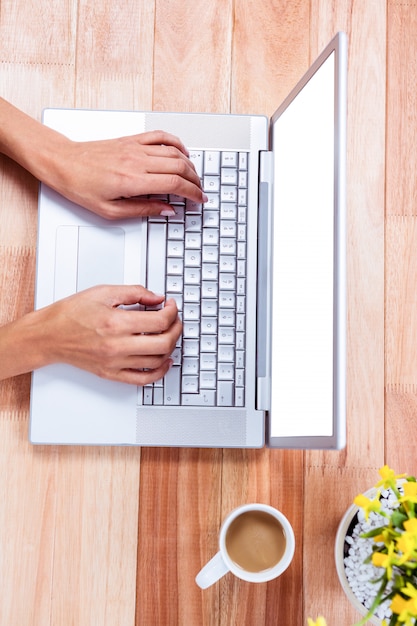 Overhead van vrouwelijke handen met behulp van laptop