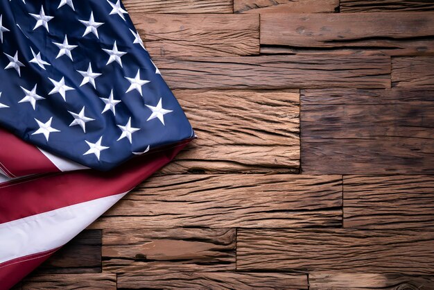 Photo an overhead view of american flag on wooden background