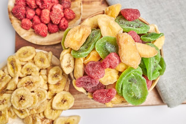 Overhead view of an appetizing assortment of dried fruits.