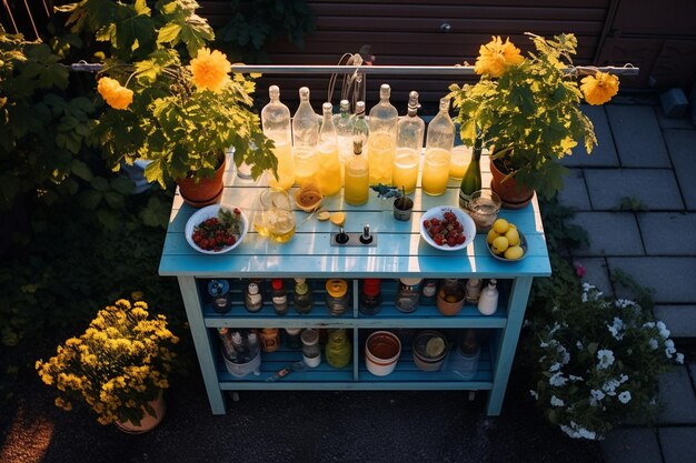 Photo overhead view of a backyard bbq with a keg and beer mugs