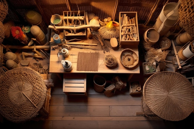Photo overhead view of a basket weaving workstation created with generative ai
