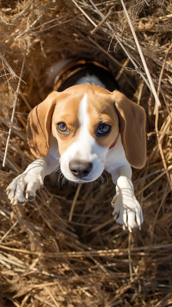 Overhead view of a beagle weaving through pine needle trails