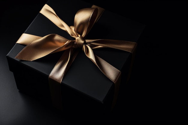 Overhead view of a black gift box with a golden satin ribbon set against a blacck background