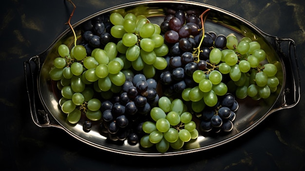 Overhead view of black and green grapes on a metal table