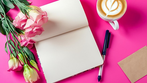 An overhead view of bouquet flowers with diary card pen and coffee cup on pink background copy space