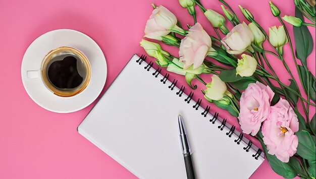 An overhead view of bouquet flowers with diary card pen and coffee cup on pink background copy space