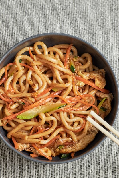 Overhead view of bowl of udon noodles