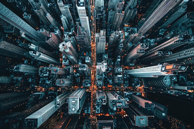 An overhead view of a bustling city at night featuring illuminated skyscrapers busy streets and vibrant city lights Aerial shot of a skyscraper dominated business district AI Generated